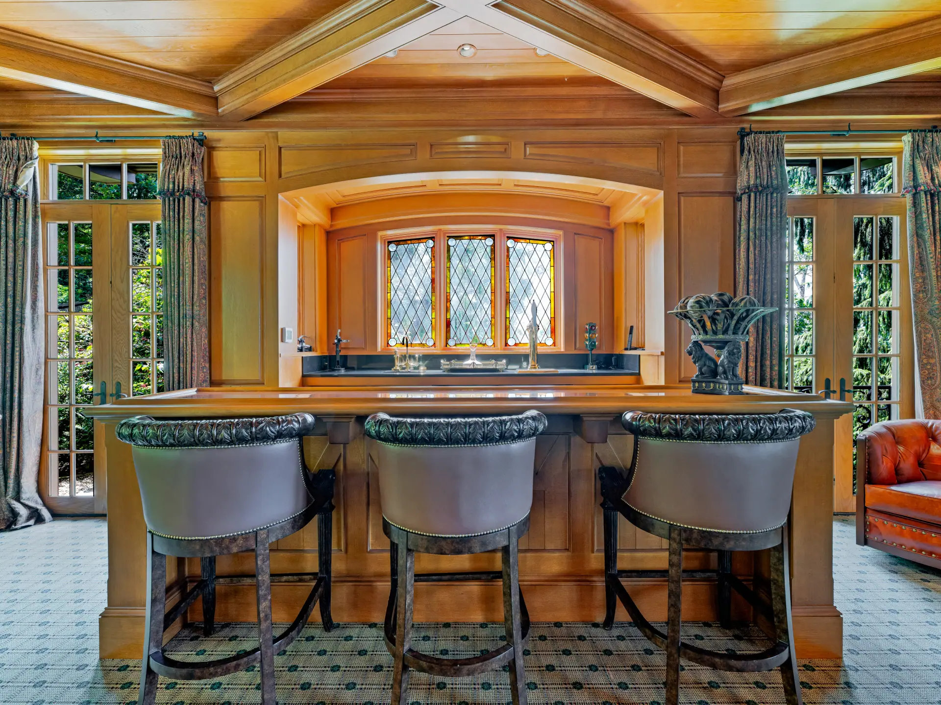 Custom bar with leaded-glass windows