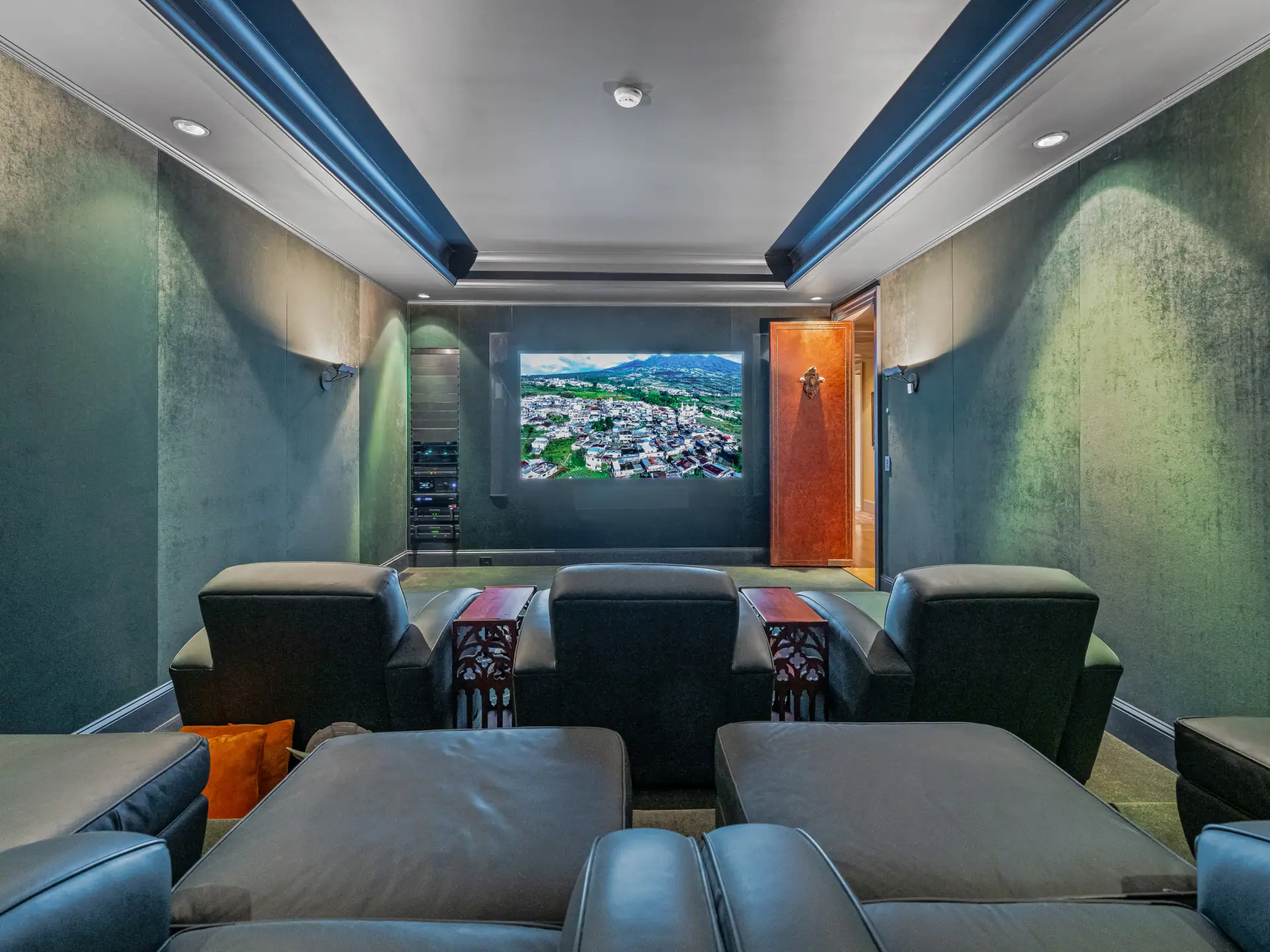 Home theater with leather lounge seating